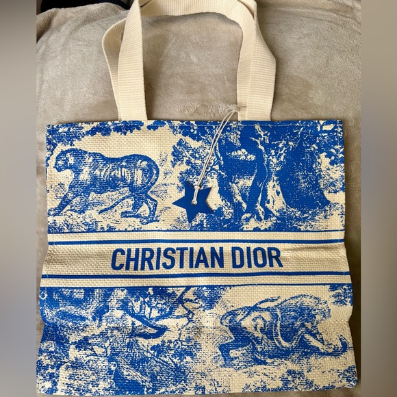 Beautiful Christian Dior Blue and Cream Straw Tote Bag NWT!